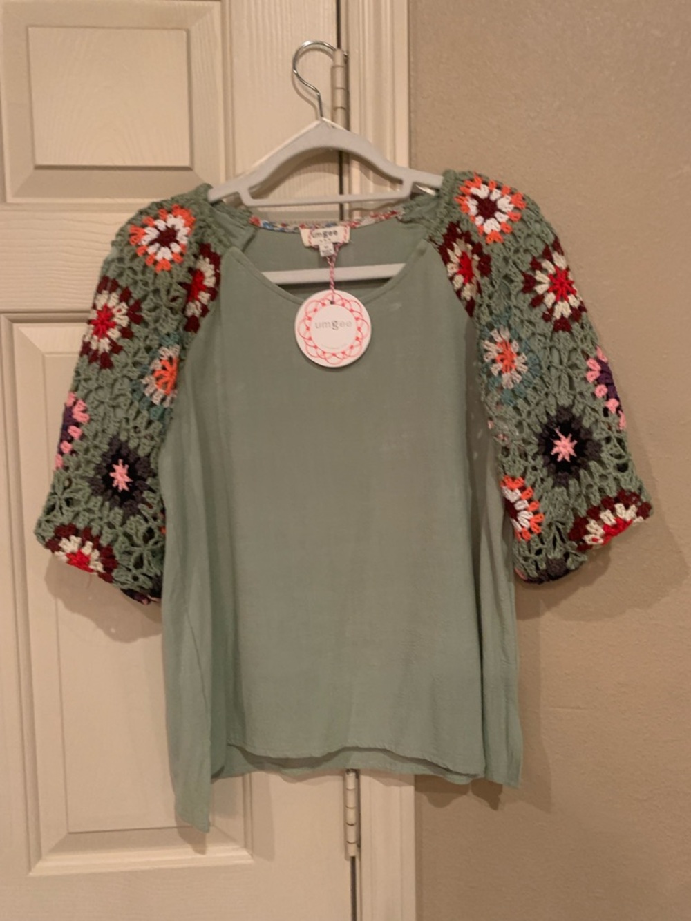 Umgee Sage Green Top with Multicolor Crochet Puff Sleeves